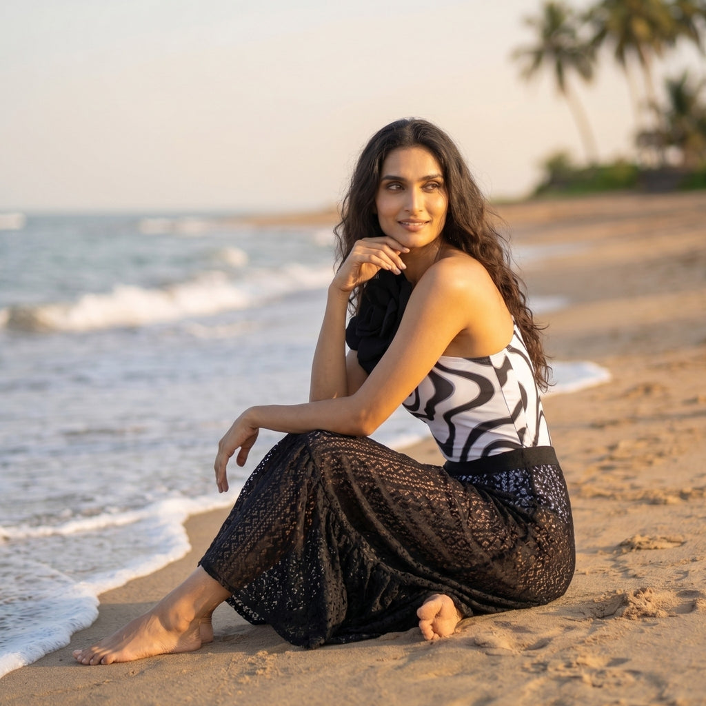 V-Cut Swimming Costume with Black Lace Maxi Skirt
