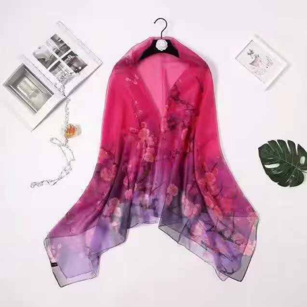 Pink Floral Print Chiffon Sarong Wrap