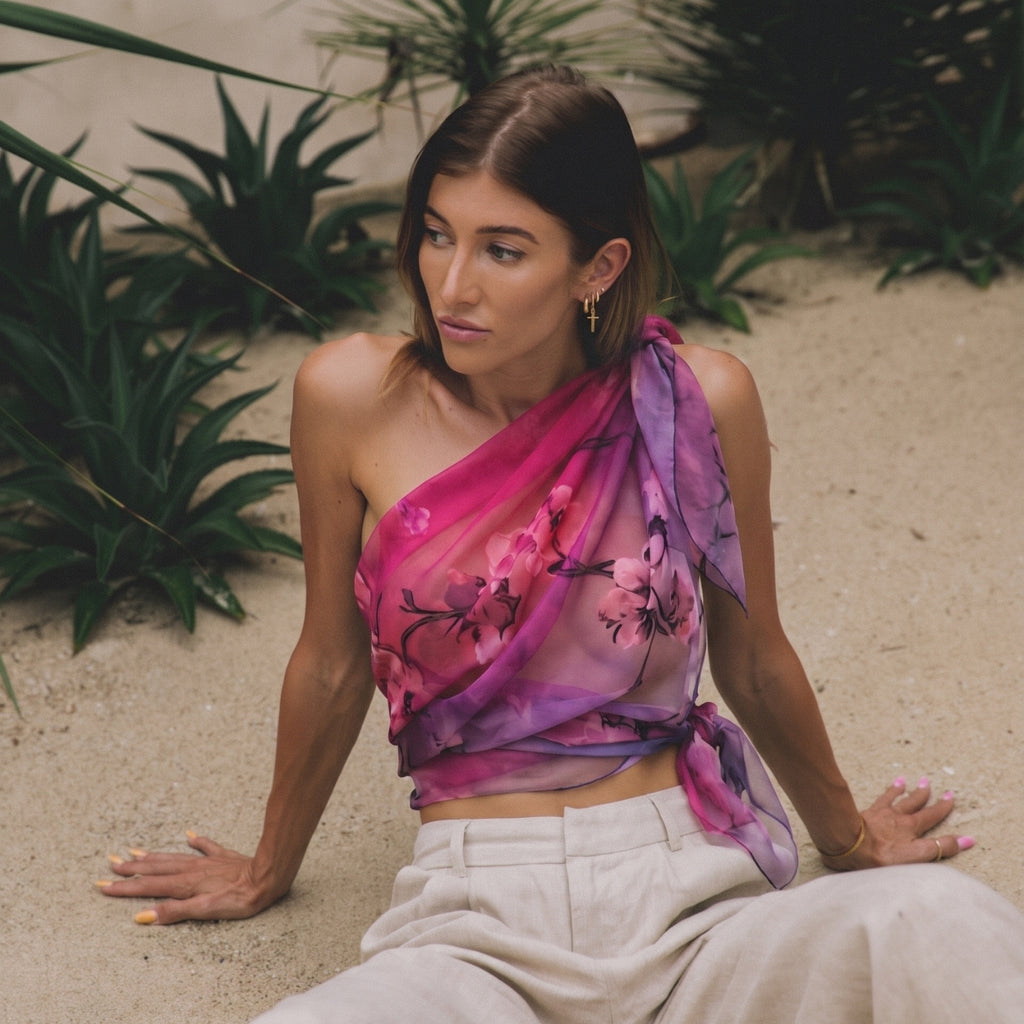 Pink Floral Print Chiffon Sarong Wrap