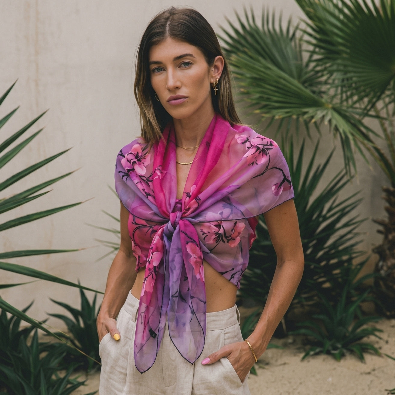 Pink Floral Print Chiffon Sarong Wrap