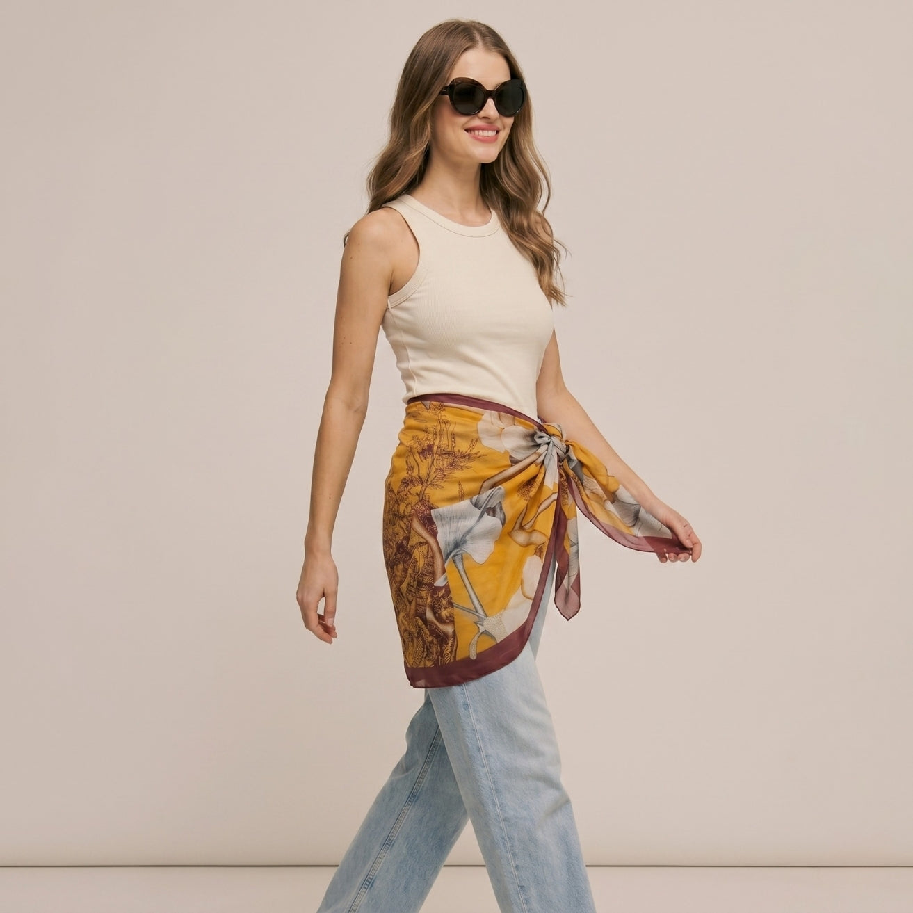 Yellow Abstract Print Chiffon Sarong