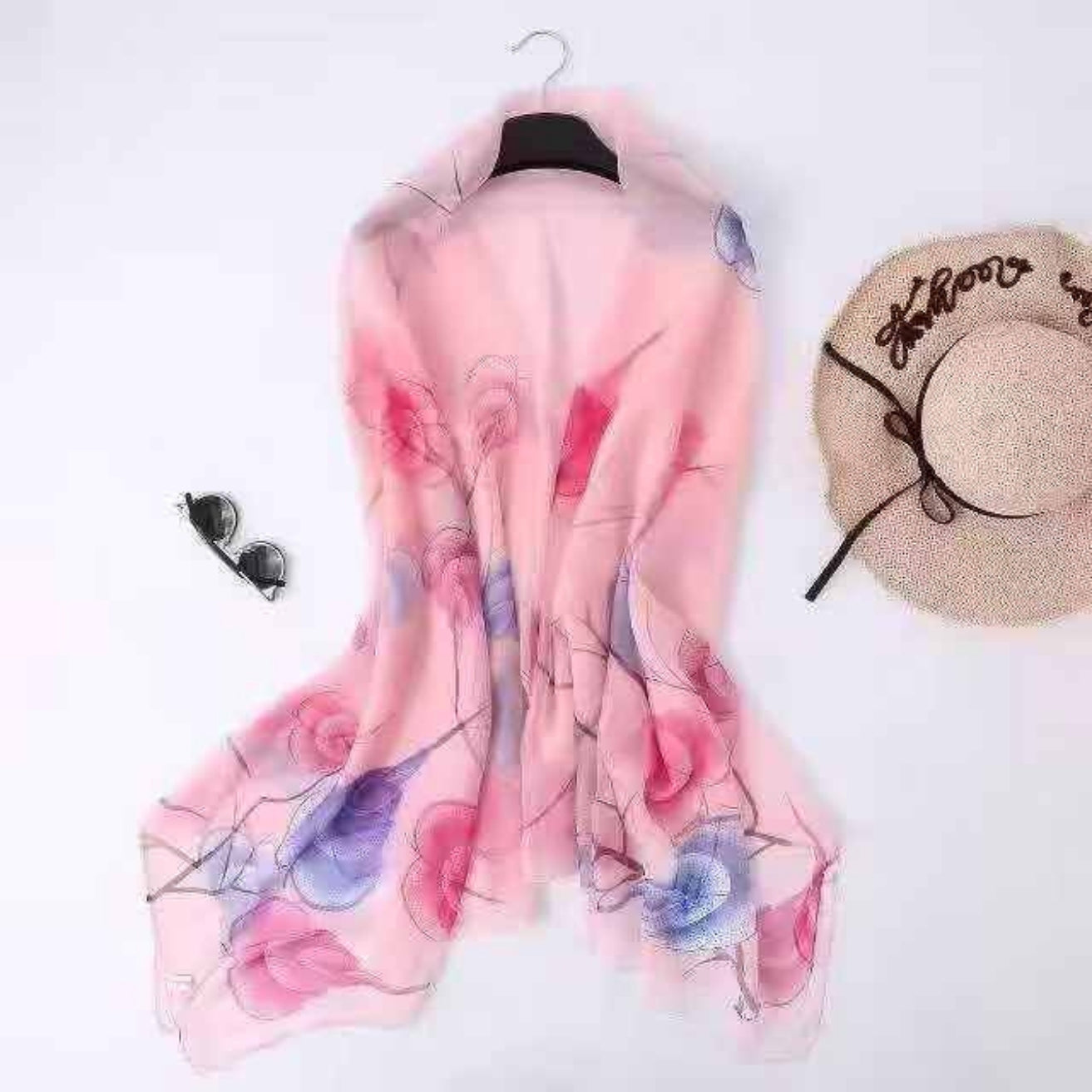 Pink & Blue Floral Print Chiffon Sarong