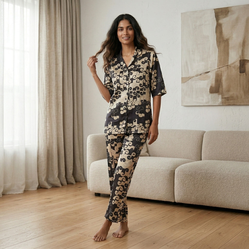 Navy Blue Mosaic Satin Night Suit
