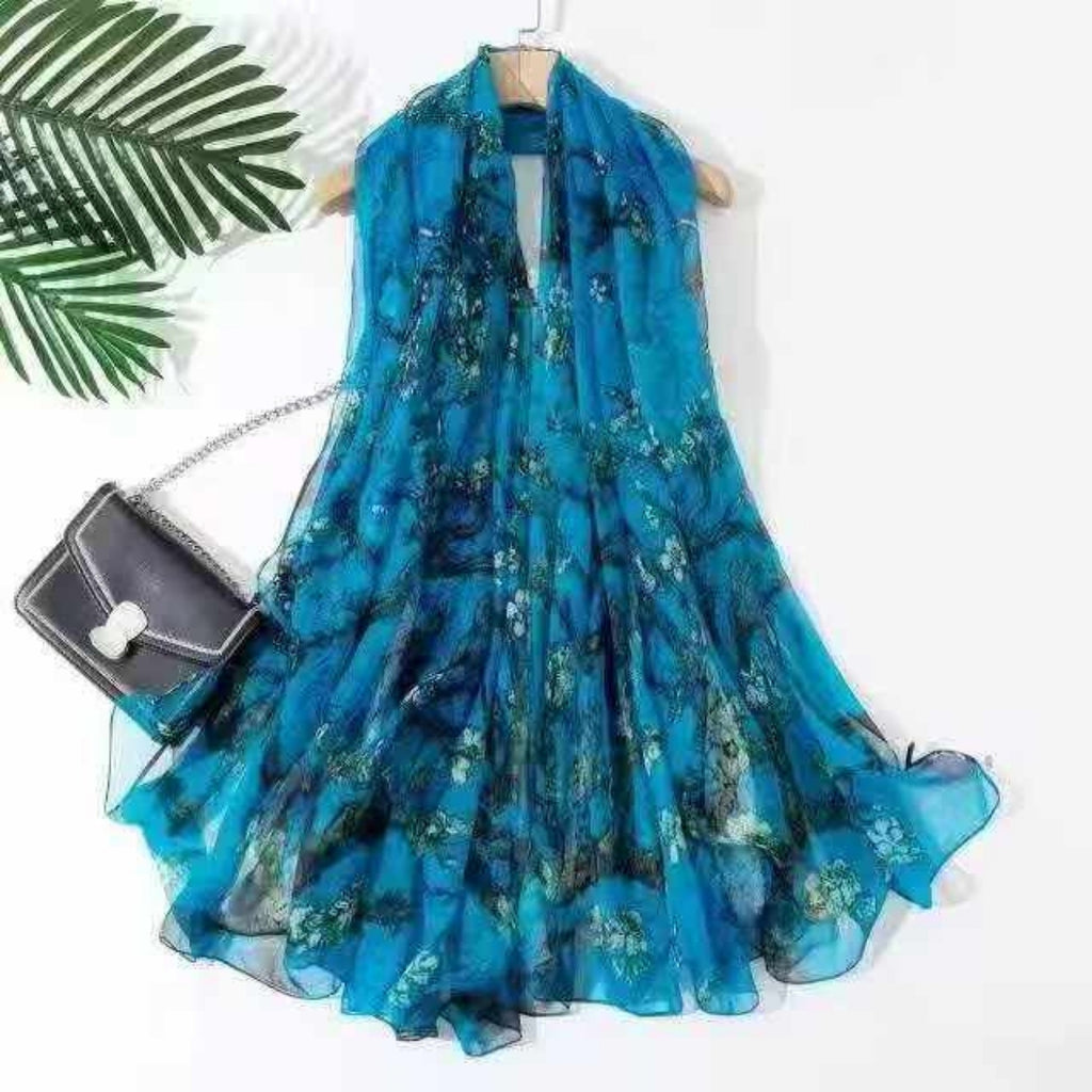 Blue Printed Chiffon Sarong Cover-Up