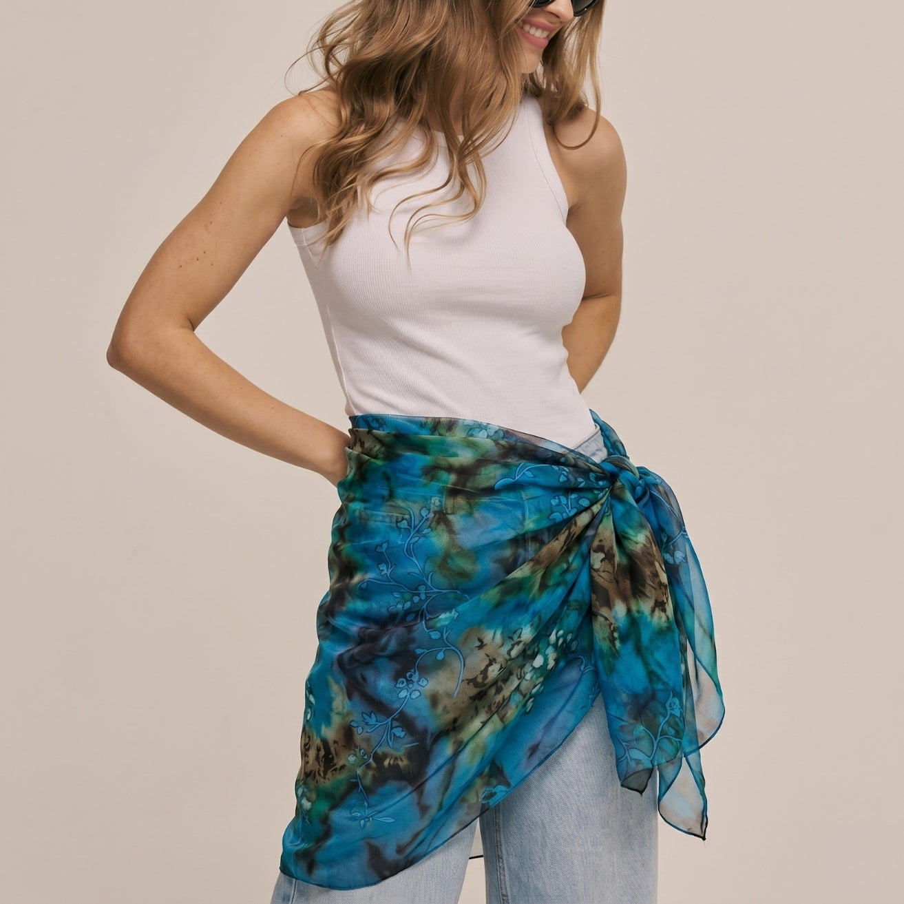 Blue Printed Chiffon Sarong Cover-Up