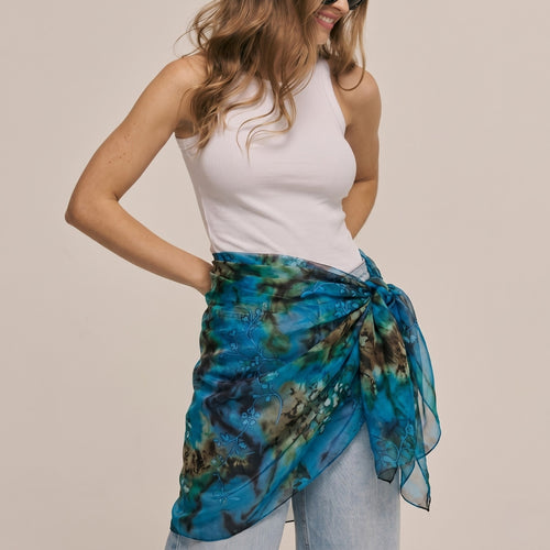 Blue Printed Chiffon Sarong Cover-Up