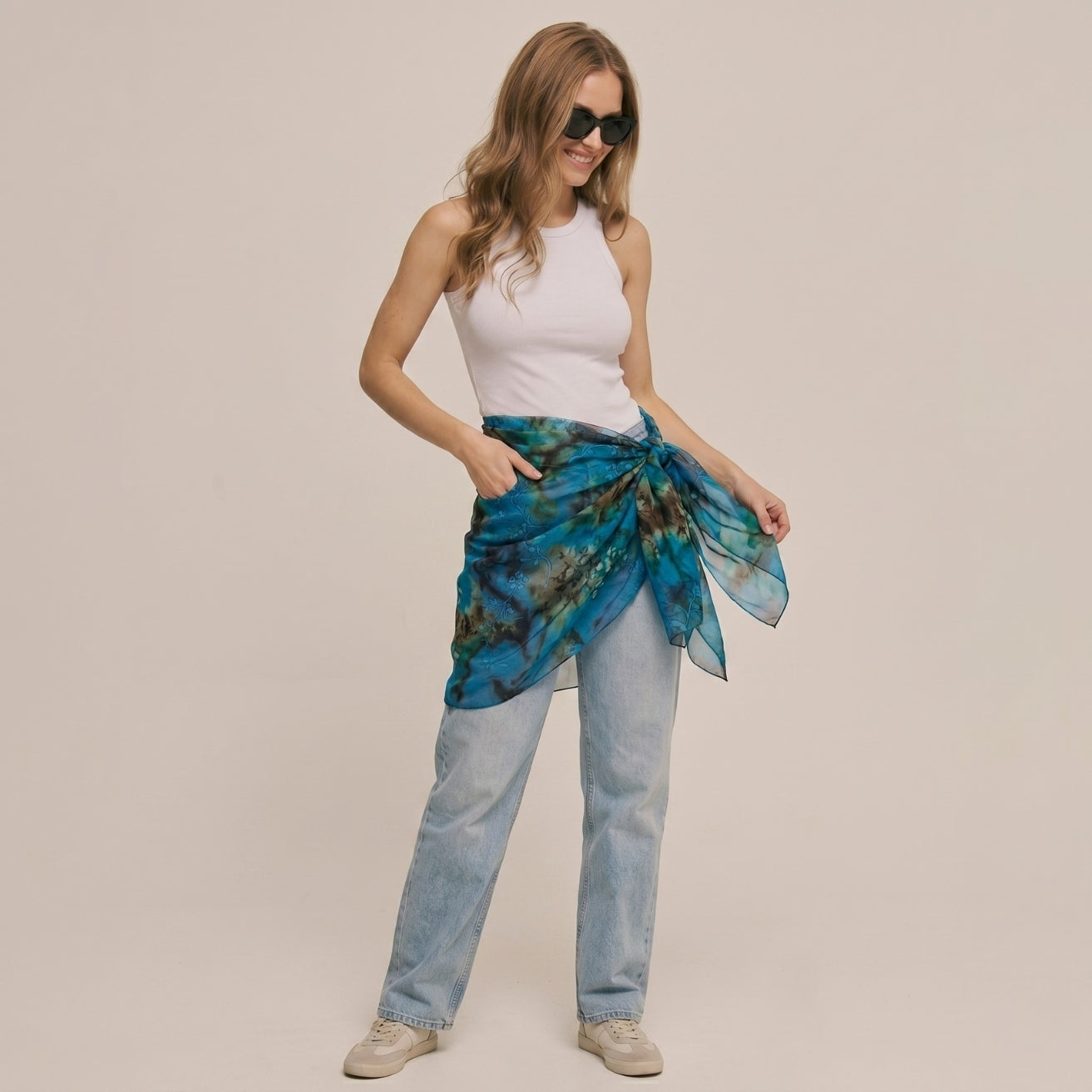 Blue Printed Chiffon Sarong Cover-Up