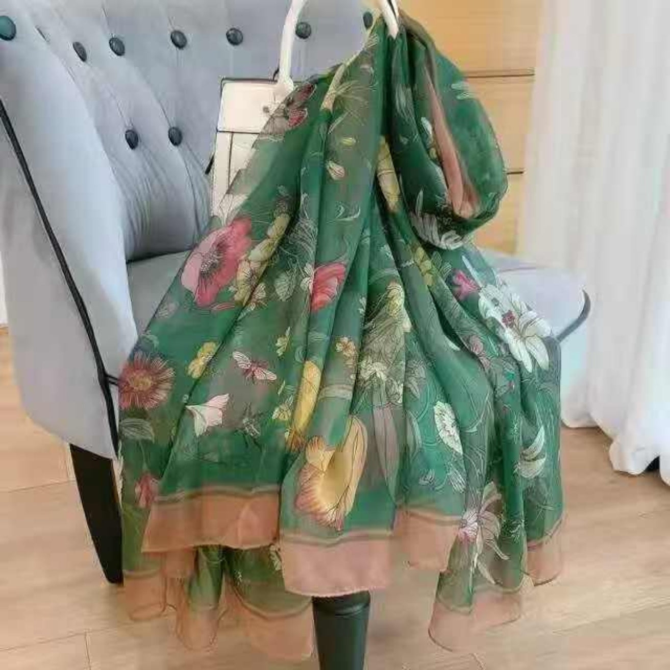 Green Floral Printed Chiffon Sarong Cover-Up