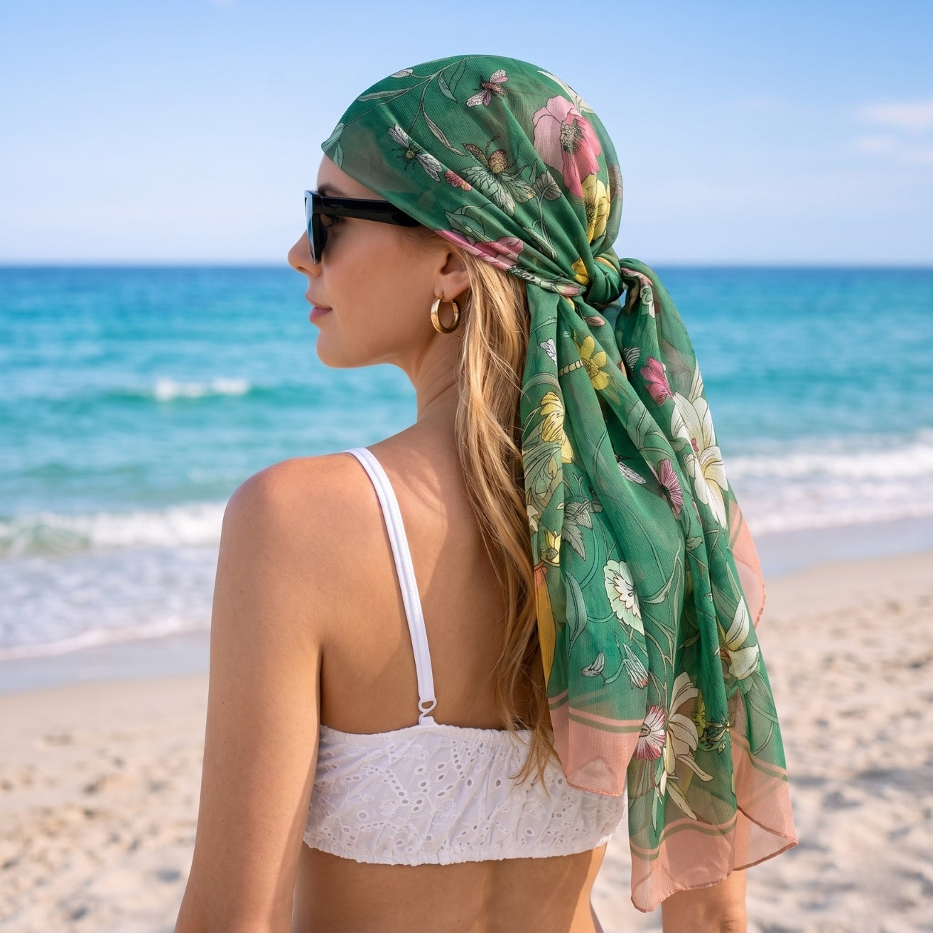 Green Floral Printed Chiffon Sarong Cover-Up