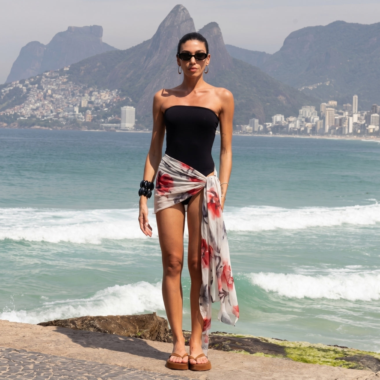 Grey Printed Chiffon Sarong Cover-Up