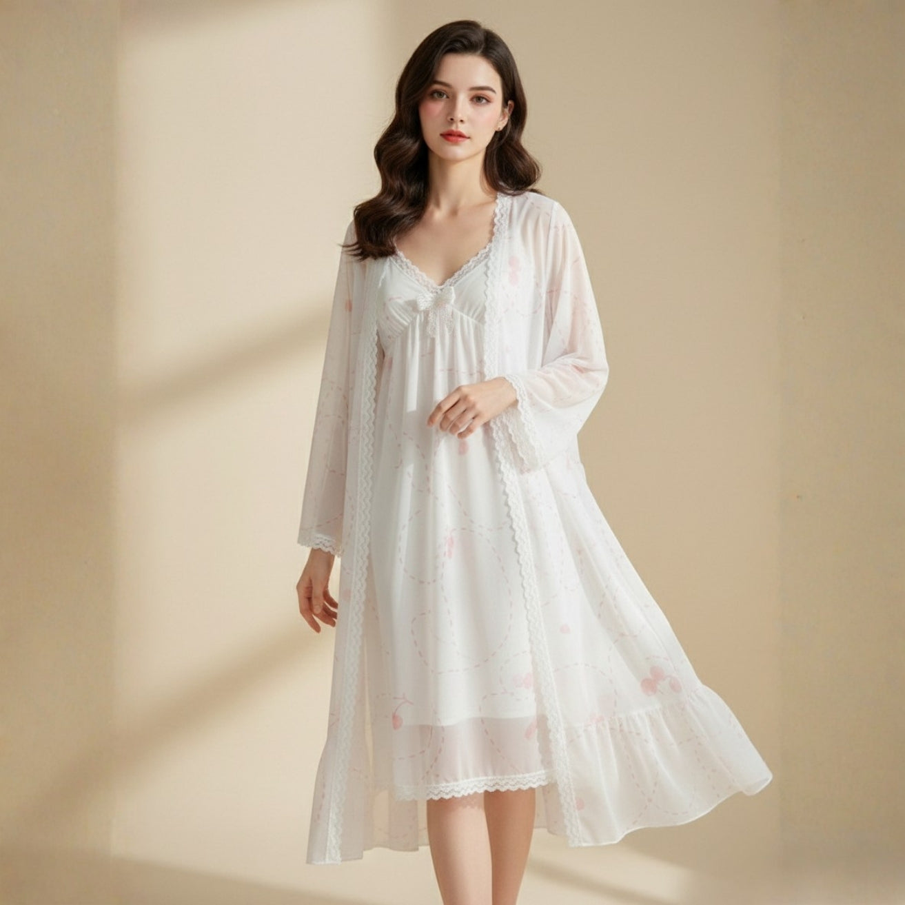 Off-White With Pink Printed Nighty Gown Set