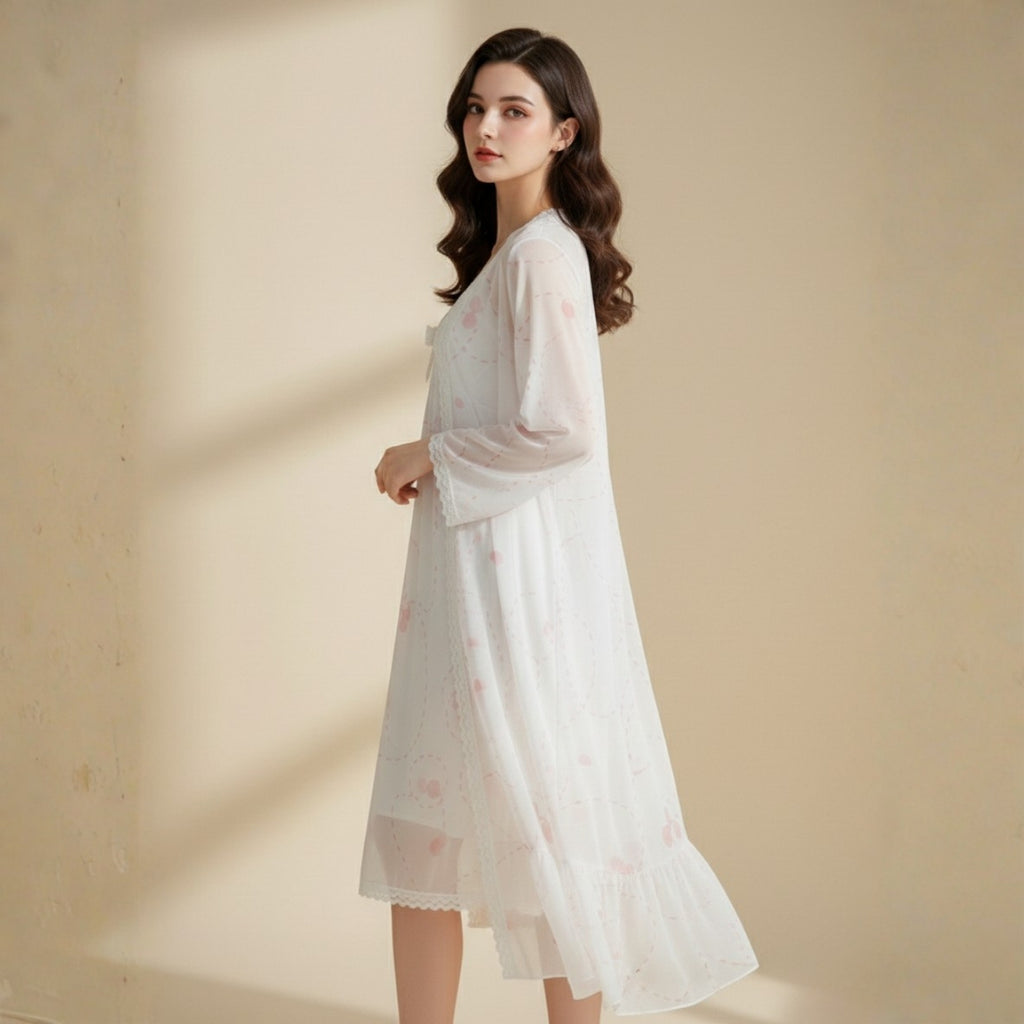 Off-White With Pink Printed Nighty Gown Set