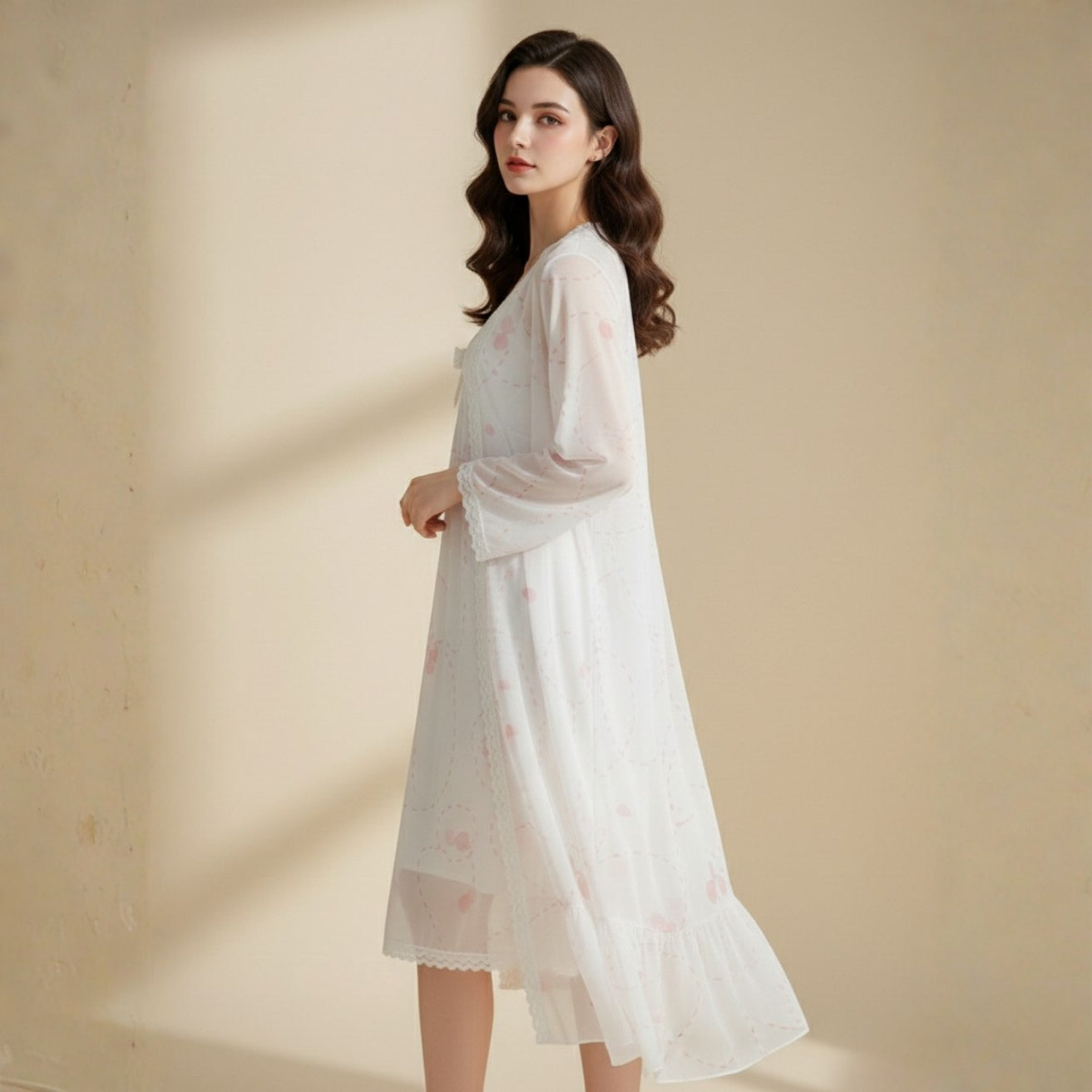 Off-White With Pink Printed Nighty Gown Set