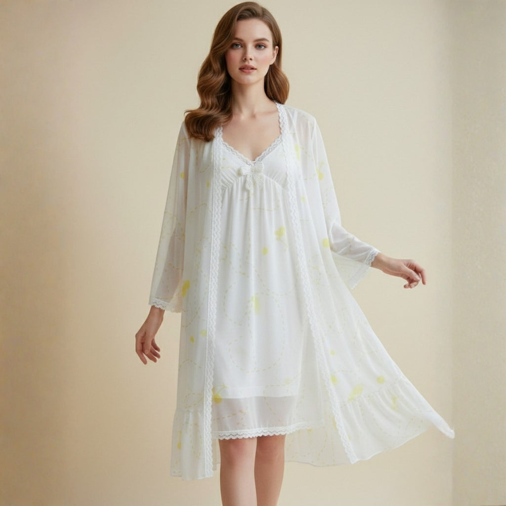 Off-White With Pink Printed Nighty Gown Set