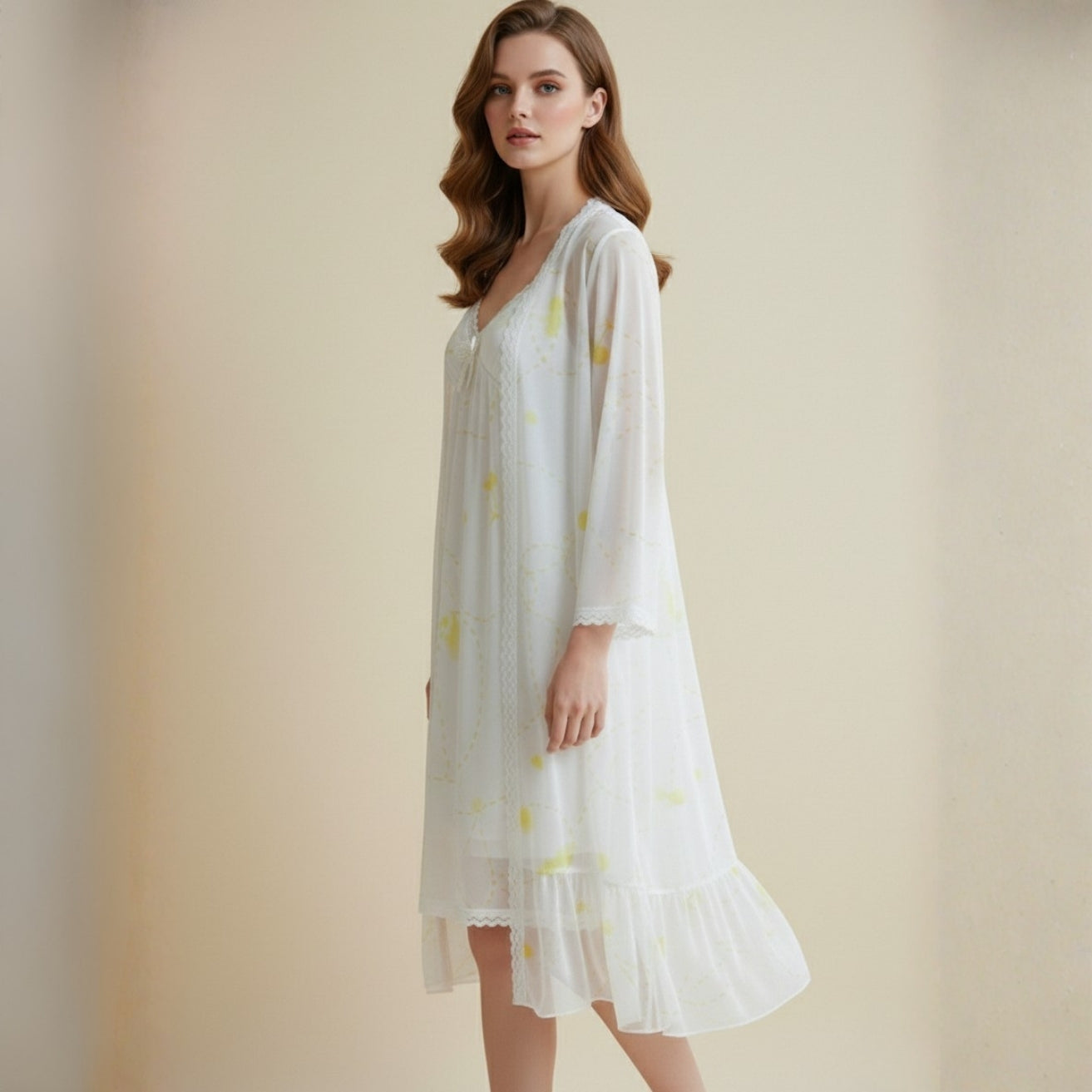 Off-White With Pink Printed Nighty Gown Set
