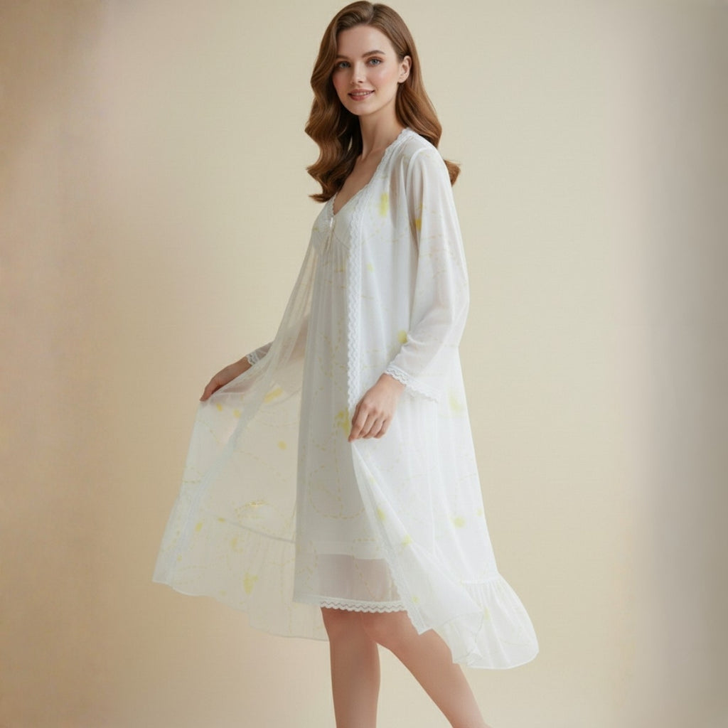 Off-White With Pink Printed Nighty Gown Set