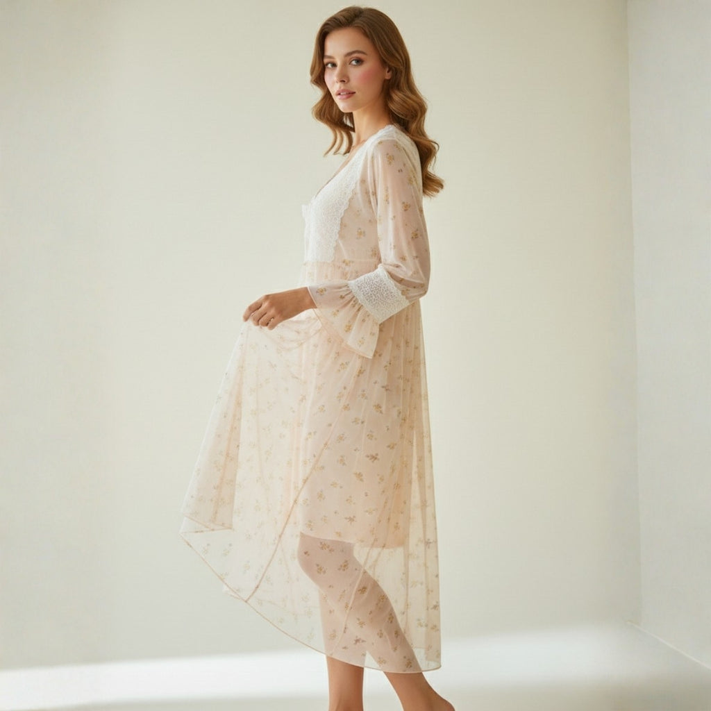 Peach Printed Night Gown Set