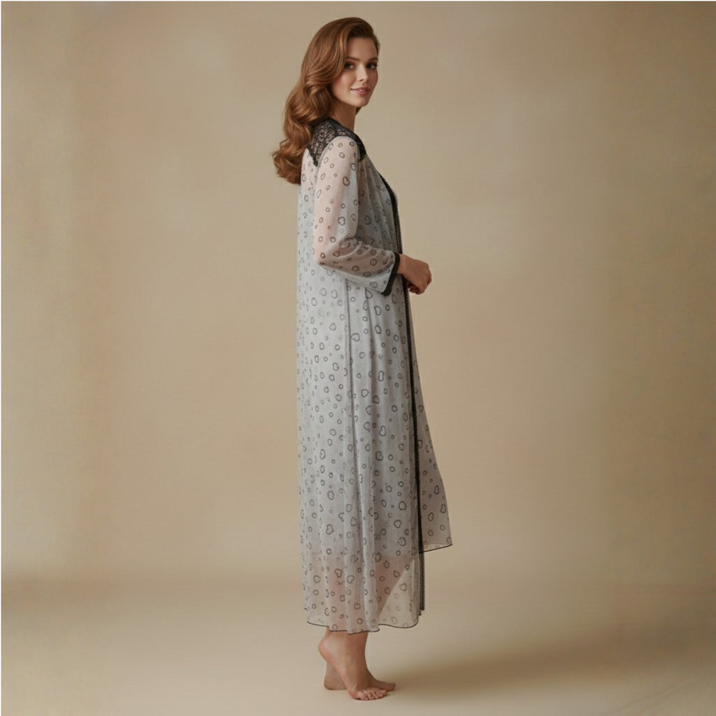 Grey Printed Night Gown Set
