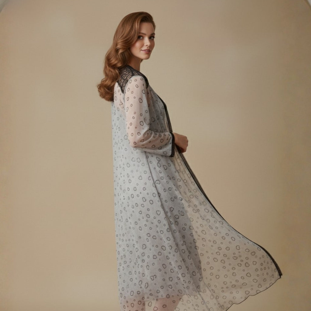 Grey Printed Night Gown Set