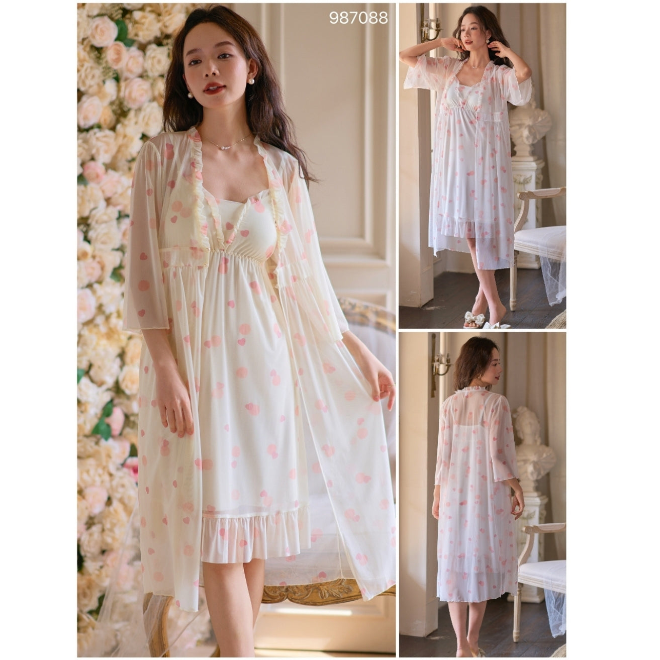 Off-White & Peach Printed Night Gown Set