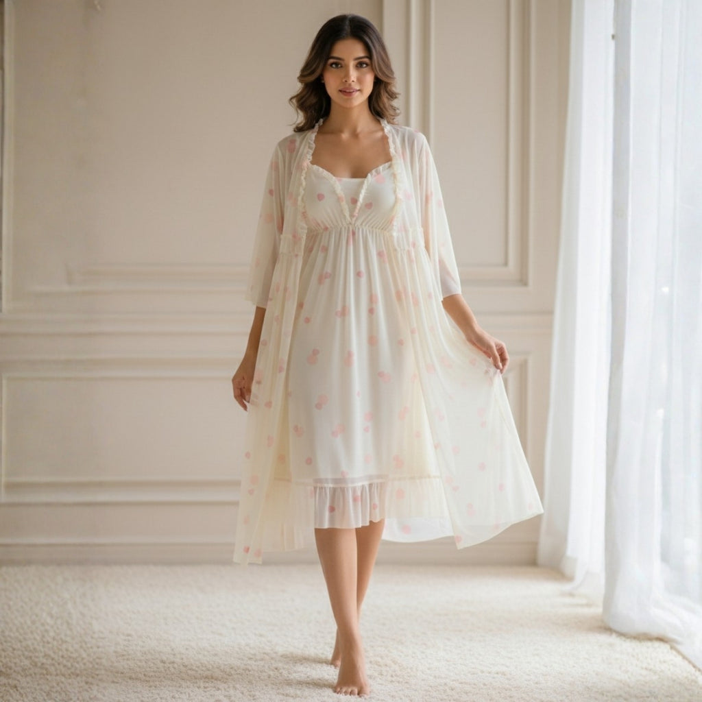 Off-White & Peach Printed Night Gown Set