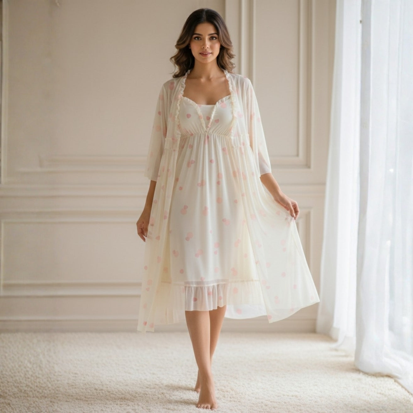 Off-White & Peach Printed Night Gown Set