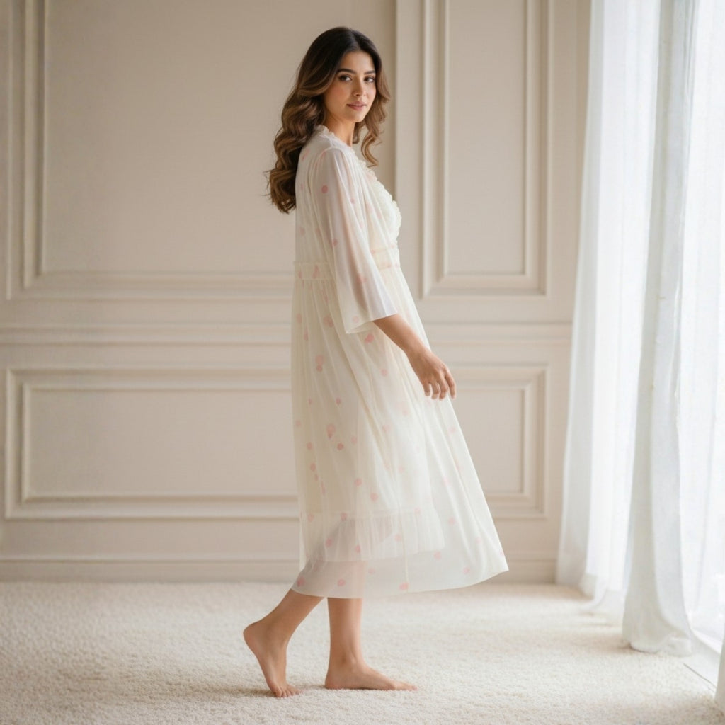 Off-White & Peach Printed Night Gown Set