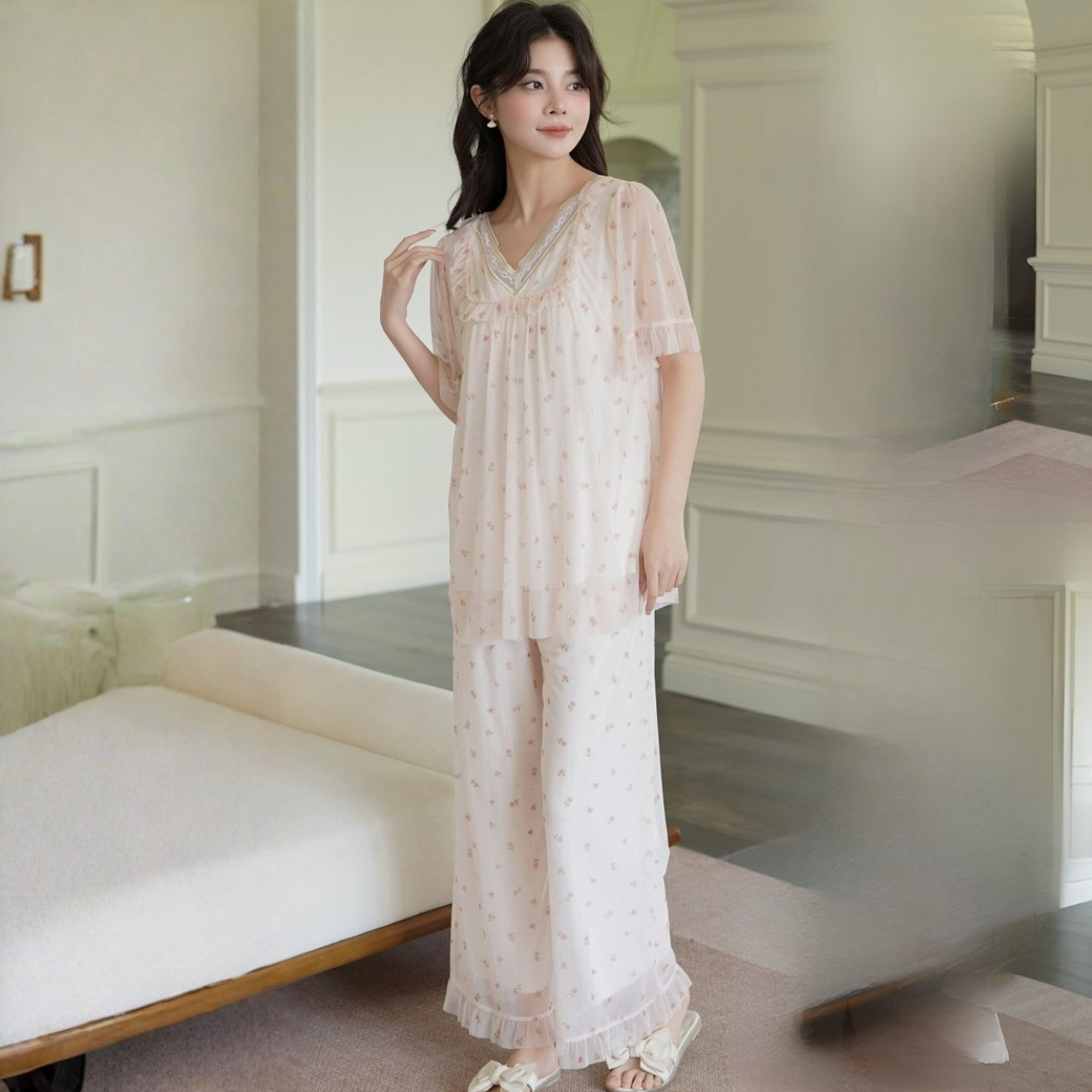 Pink Printed Net Night Suit