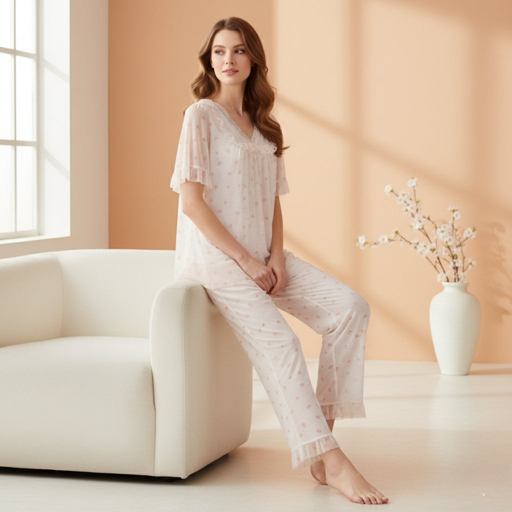 Pink Printed Net Night Suit