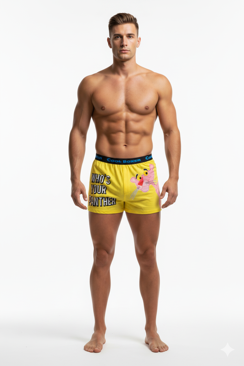 Men Yellow "WHO'S YOUR PANTHER" Cartoon boxer