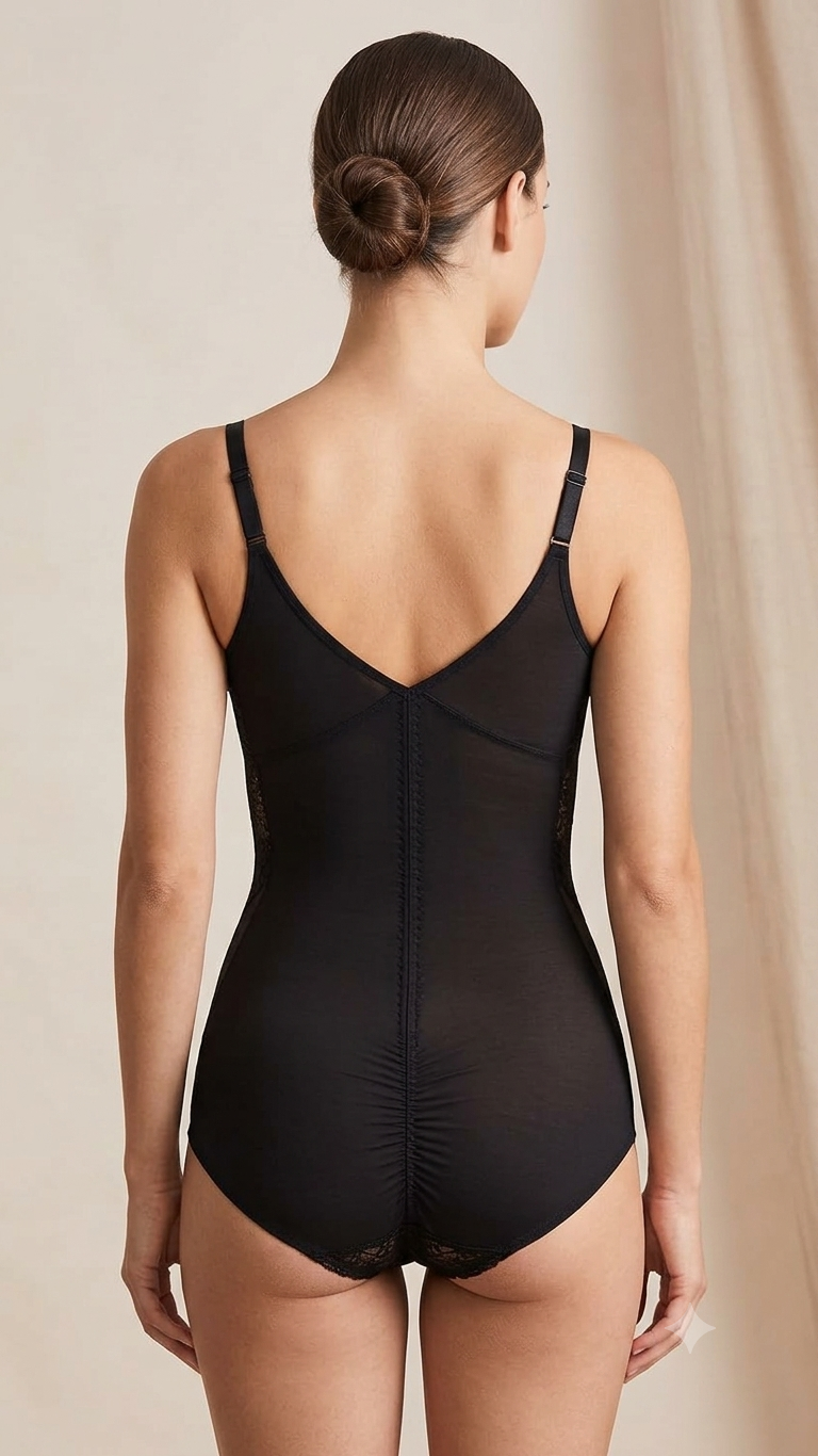 Lace and Mesh Teddy Bodysuit - Black/Skin