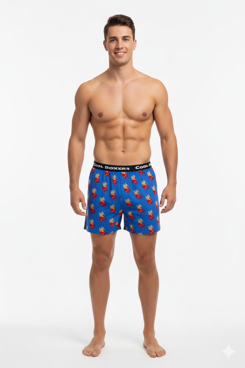 Men Blue 'FRENCH FRIES' Cartoon Boxer