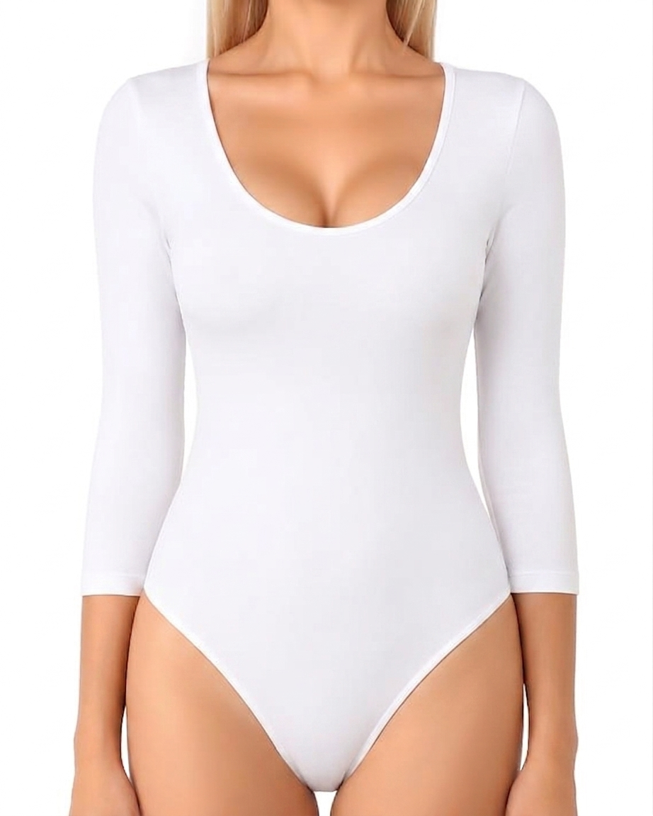 White Double-Lined Scoop Neck 3/4th Sleeve Bodysuit
