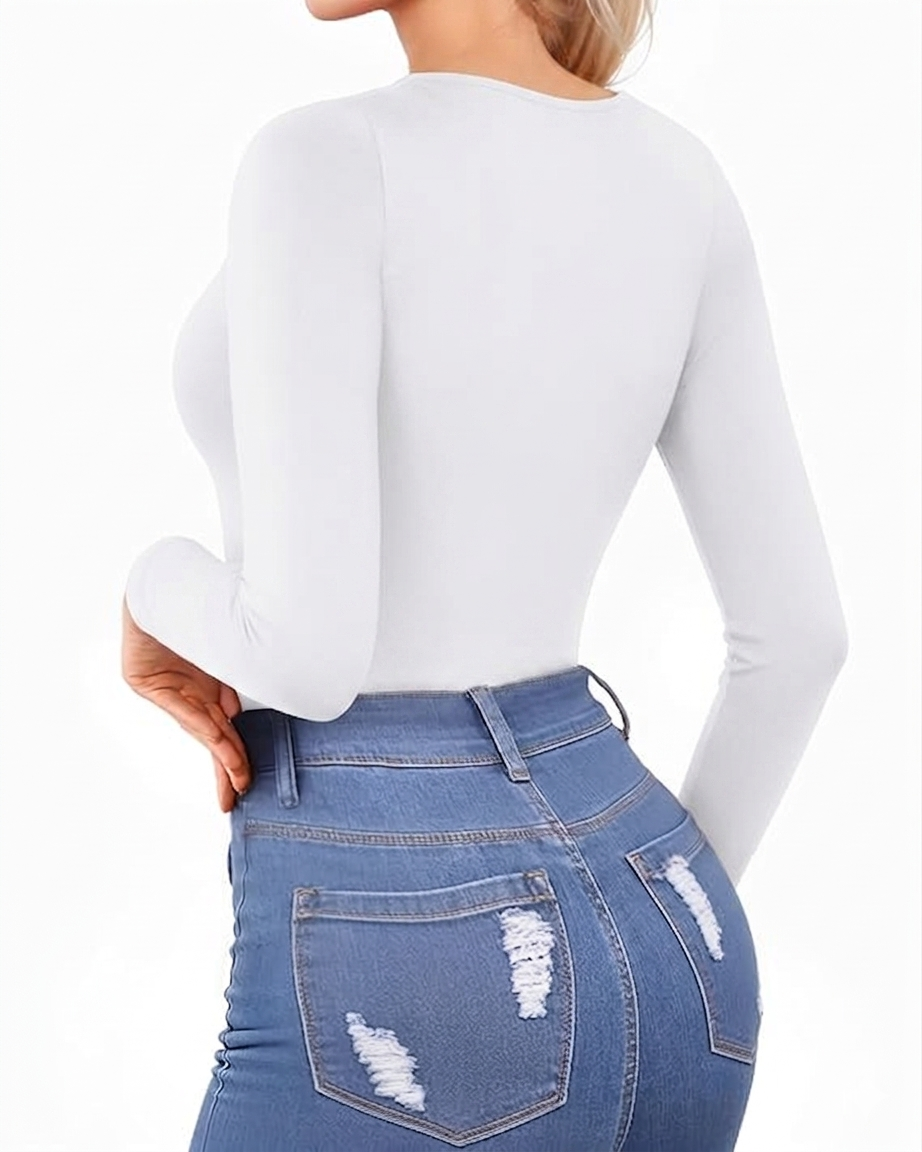 White Double-Lined Scoop Neck 3/4th Sleeve Bodysuit