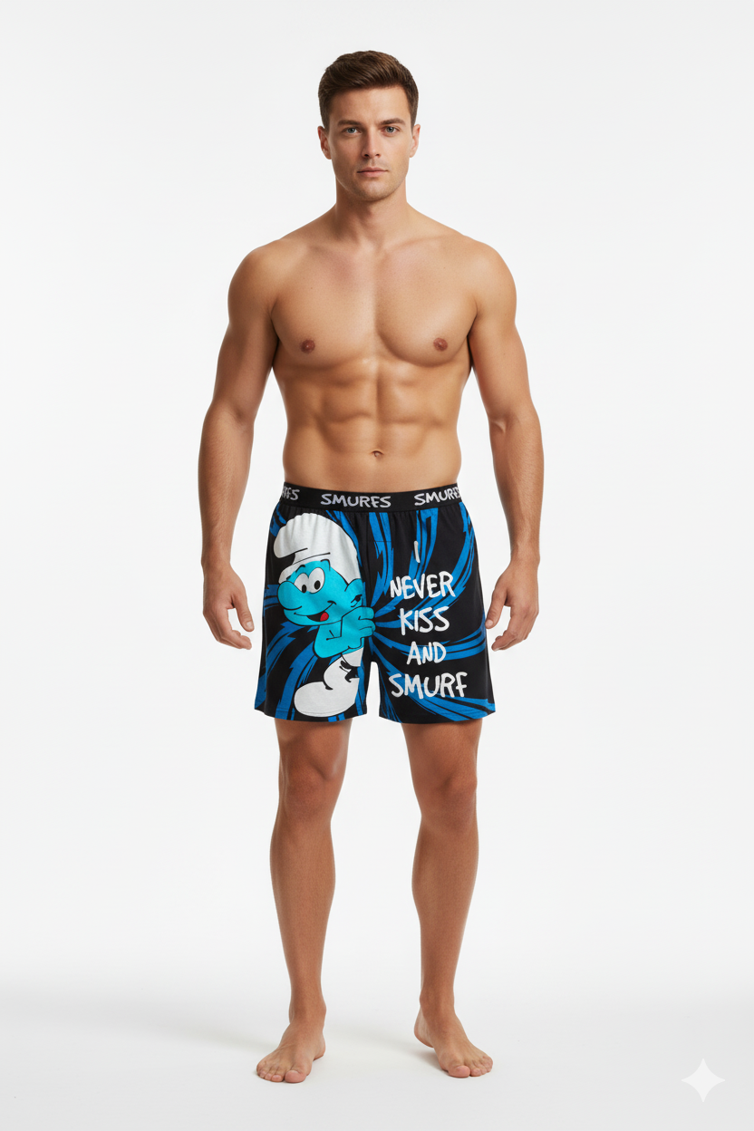 Men Black & Navy 'I NEVER KISS AND SMURFS' Cartoon Boxer