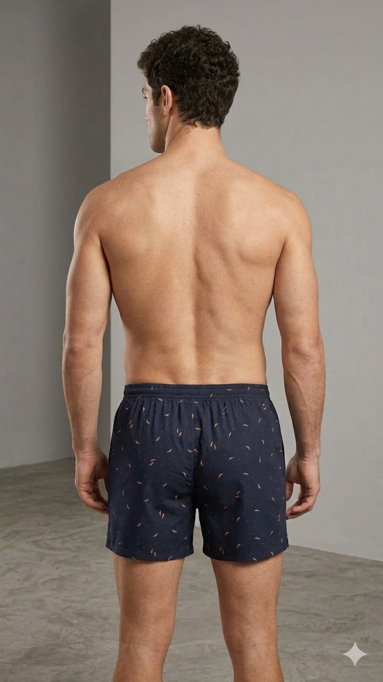 Navy Blue Feather Print Cotton Boxer