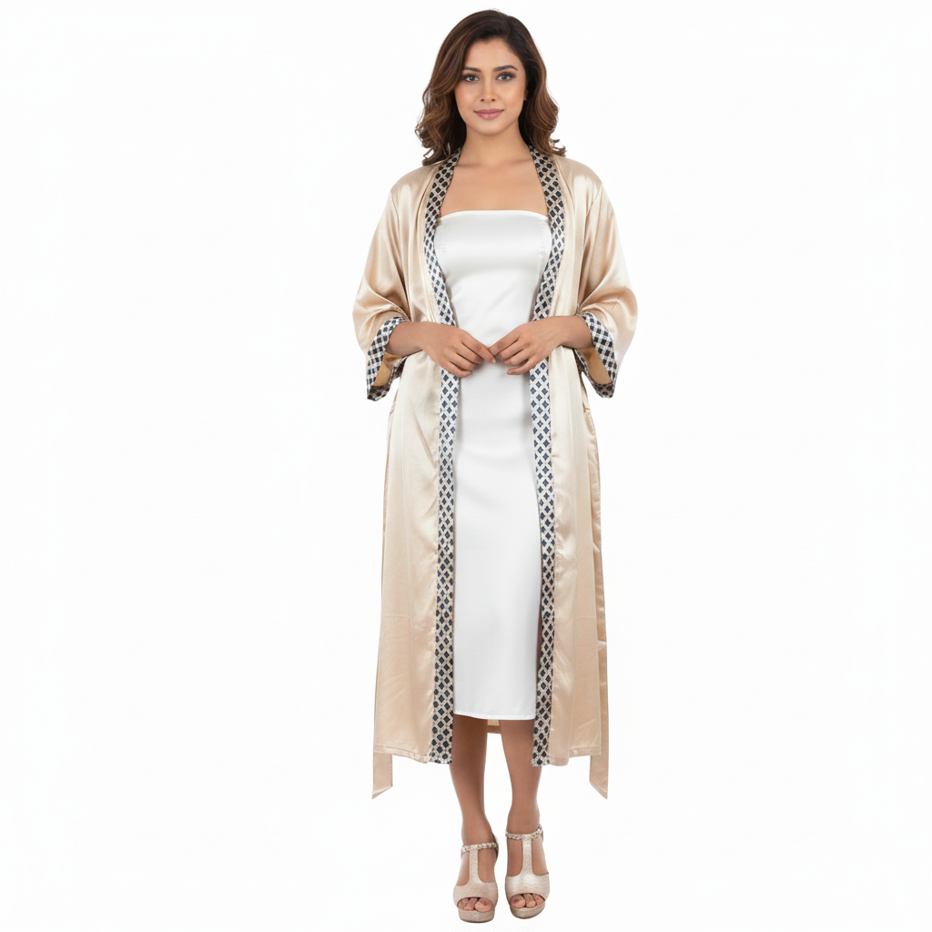 Woman Beige Short Satin Robe