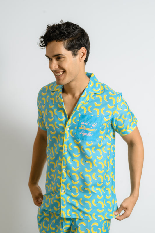 Sky Blue Banana Print Night Suit: Let's Go Bananas Together