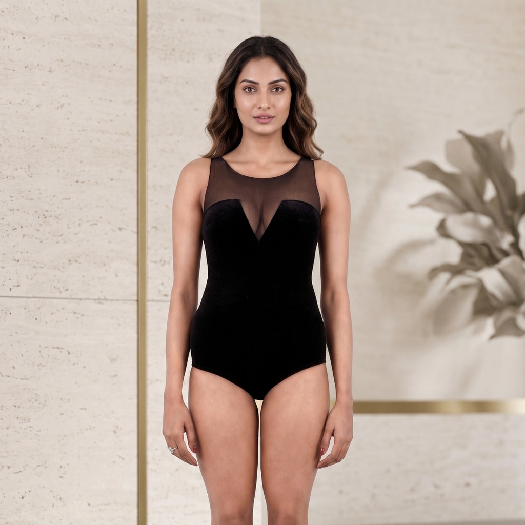 Midnight Veil Velvet Plunge Bodysuit with Sheer Net Yoke
