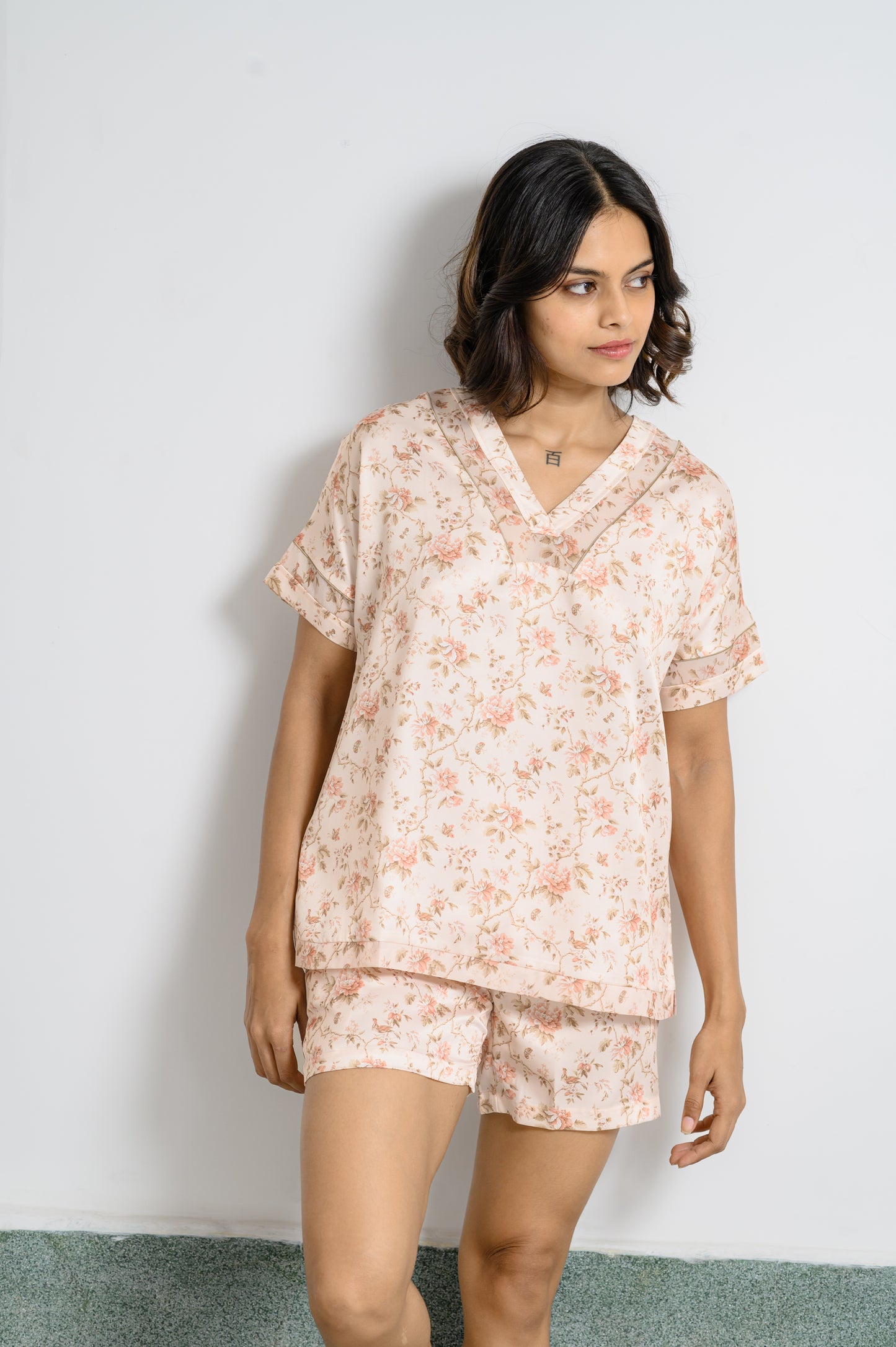 SERENE ELEGANCE: BEIGE FLORAL PRINT SATIN NIGHT SUIT WITH SHORT PANTS