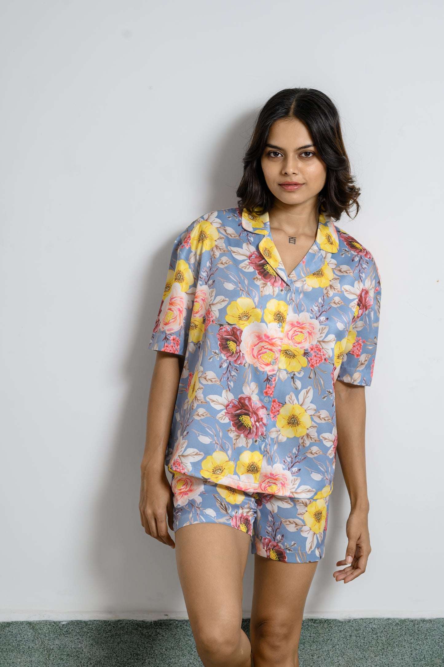 Tropical Elegance: Bright Floral Print Satin Night Suit Set