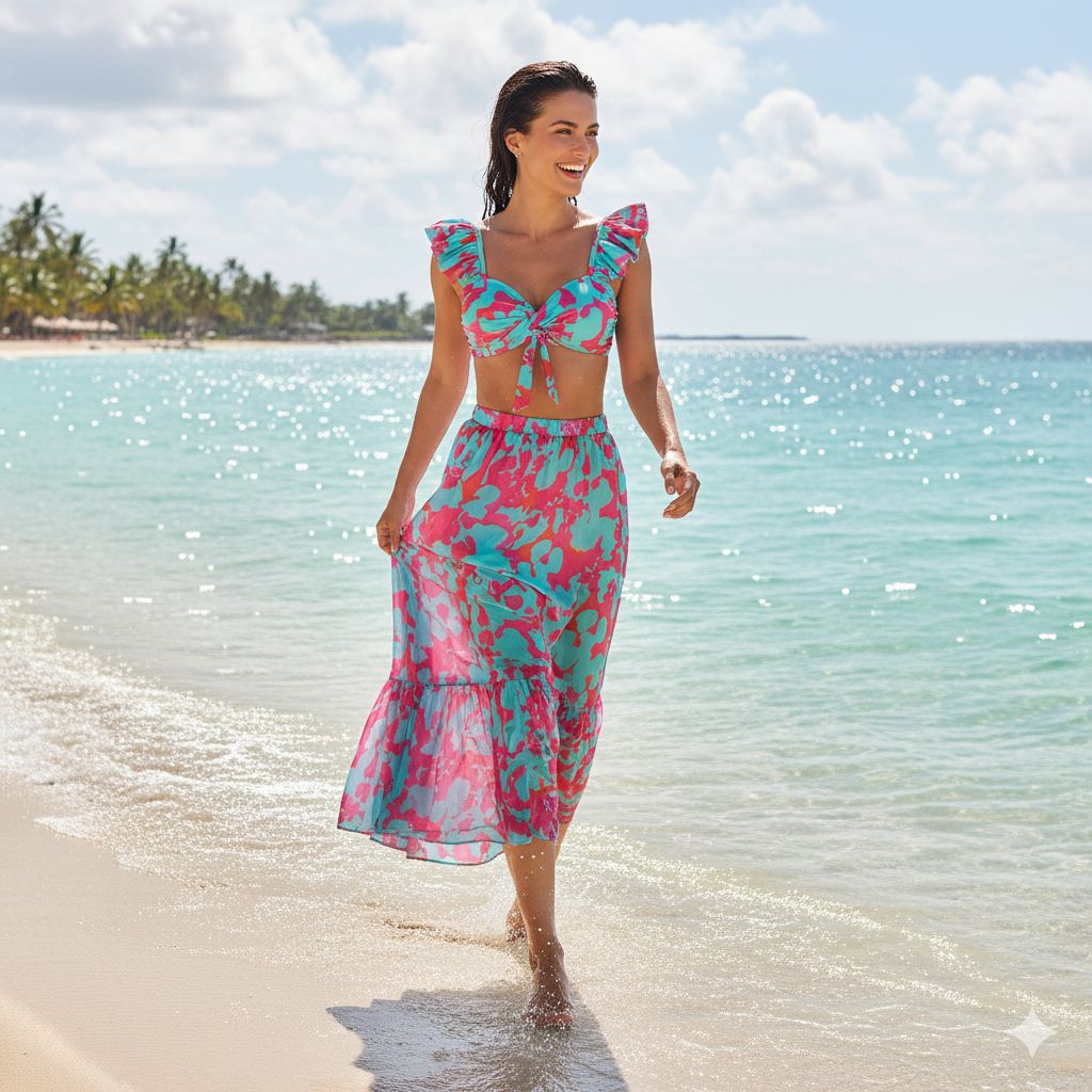 Coral Breeze Cap-Sleeve Bikini Set