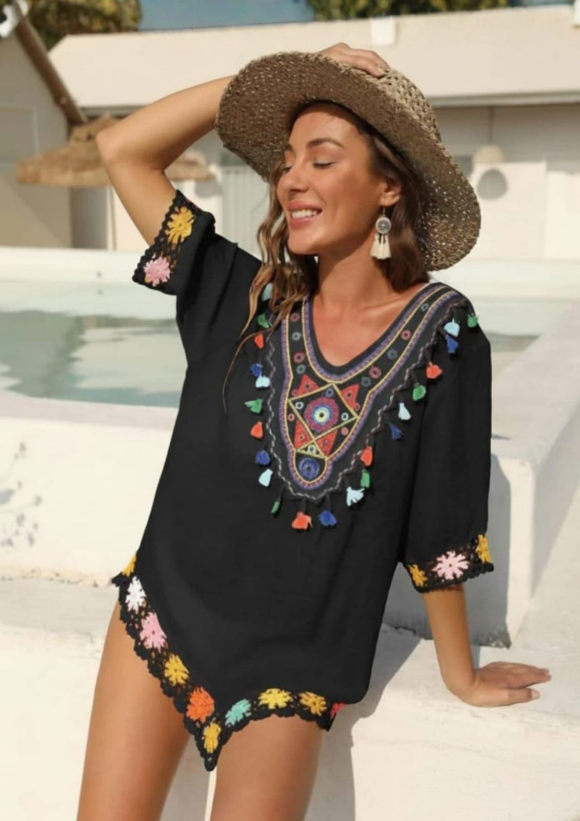 Midnight Heritage Embroidered Rayon Beach Cover-Up Dress