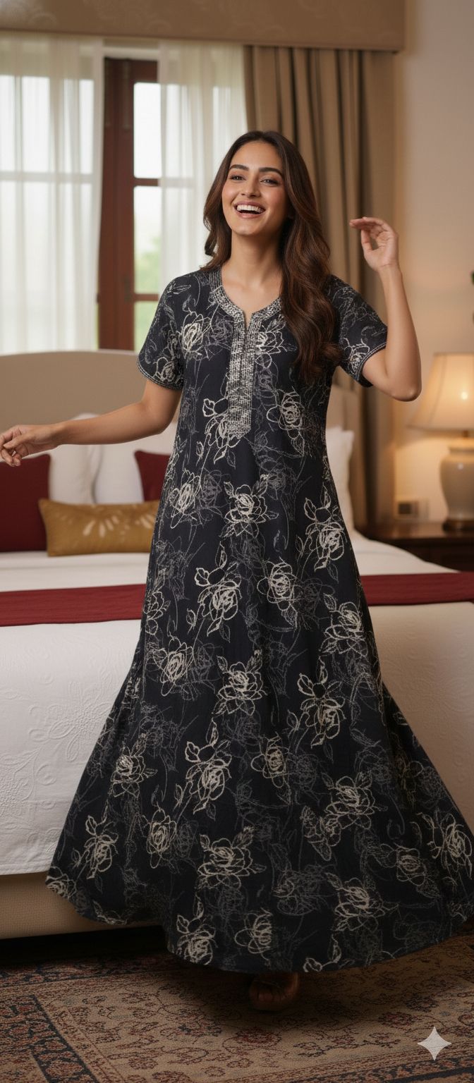 Midnight Bloom Printed Cotton Night Dress