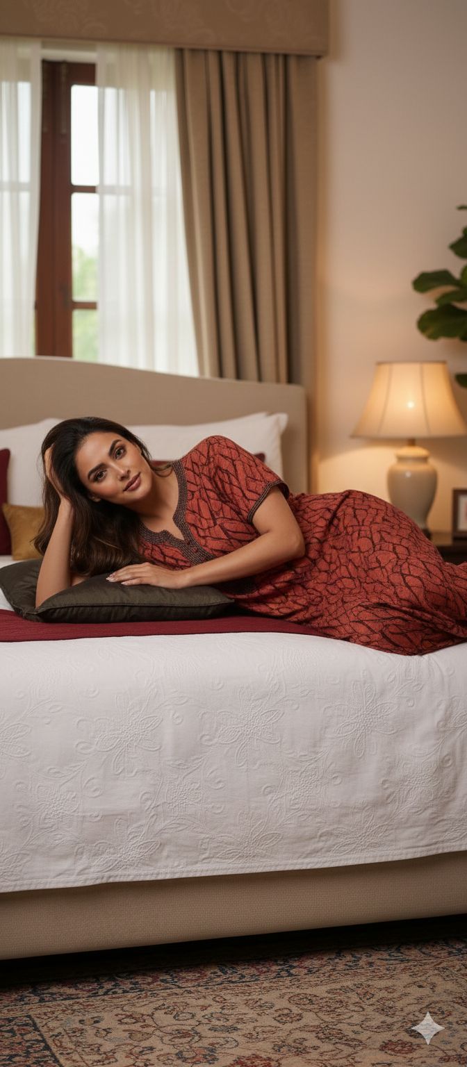 Amber Leaf Printed Rayon Satin Night Dress