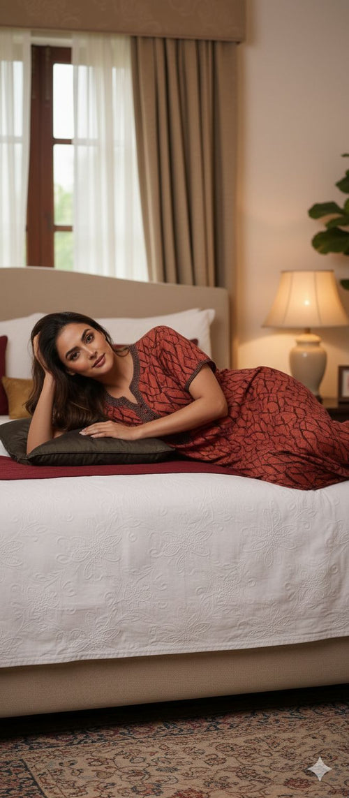 Amber Leaf Printed Rayon Satin Night Dress