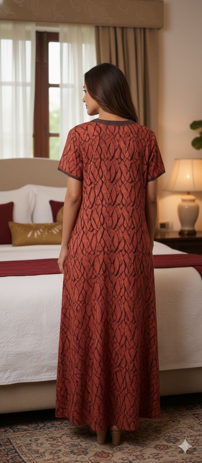 Amber Leaf Printed Rayon Satin Night Dress