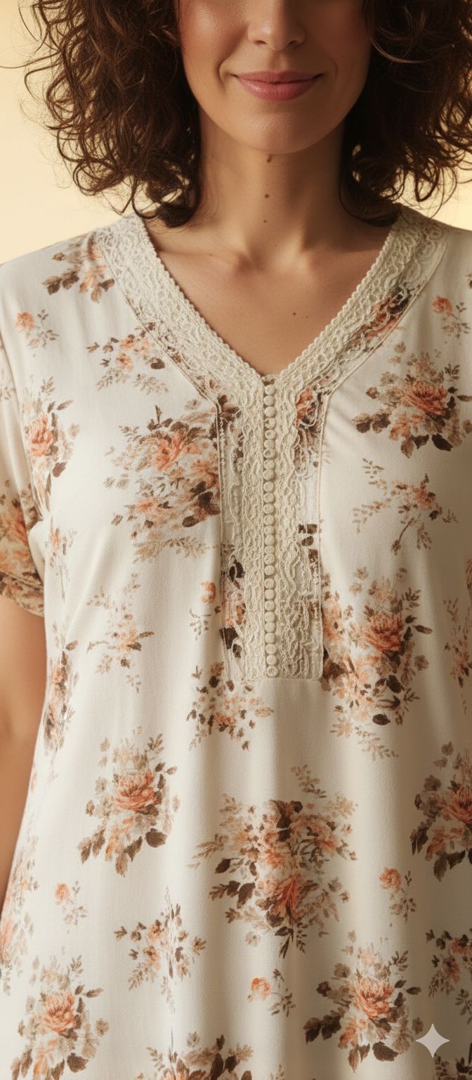 Ivory Bloom Floral Cotton Night Dress