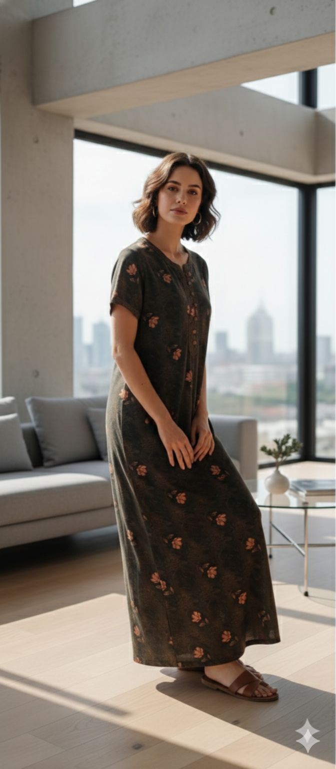 Olive Dusk Printed Rayon Satin Night Dress