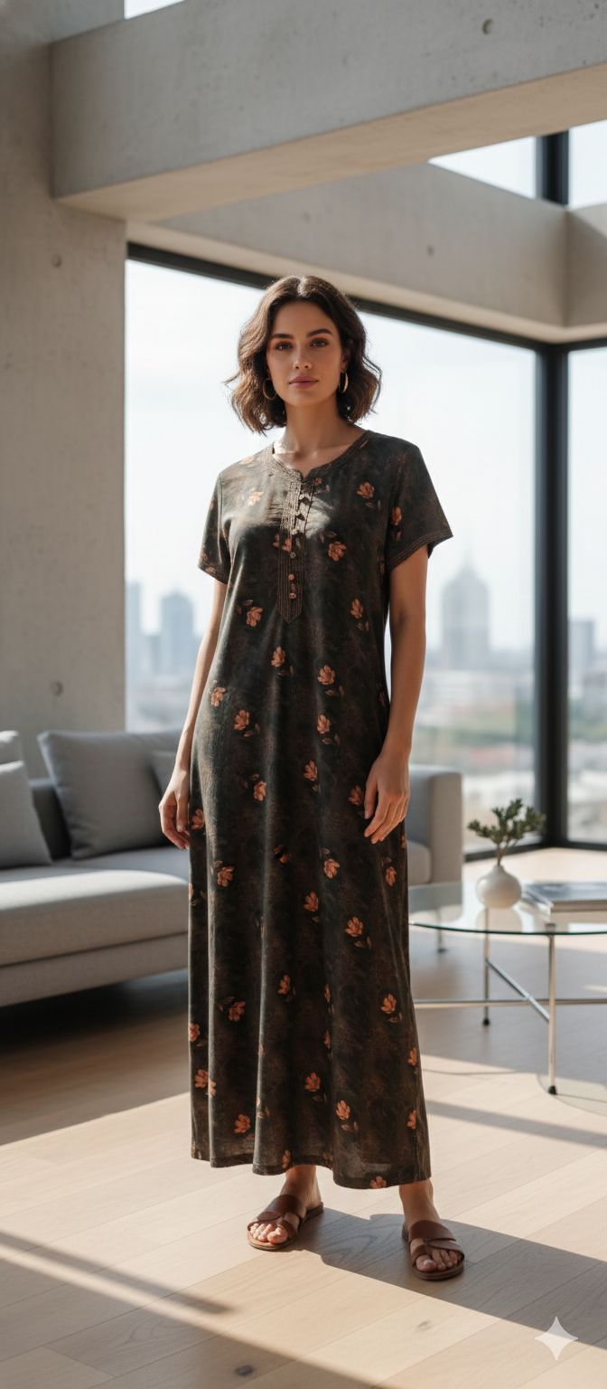 Olive Dusk Printed Rayon Satin Night Dress